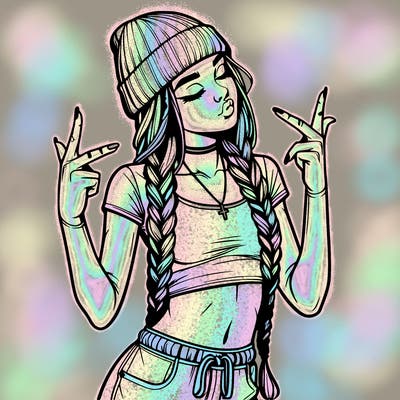realistic teenage girl with braids and a beanie and crop top doing 🫶🏼