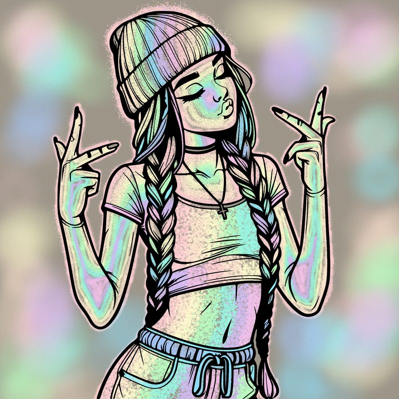 realistic teenage girl with braids and a beanie and crop top doing 🫶🏼