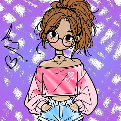 girl with a messy ponytail glasses a baggy crop top and jean shorts