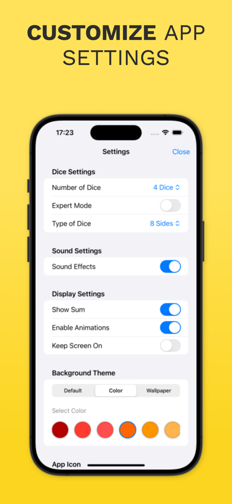 Pantalla de configuración de la app Just Dice mostrando opciones para el tipo de dado, número de dados y temas de fondo