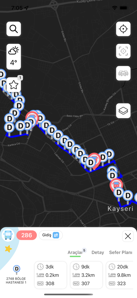 KBB Trafik - Interfaccia dell'app KBB Trafik che mostra il tracciamento autobus in tempo reale e la mappa del percorso a Kayseri