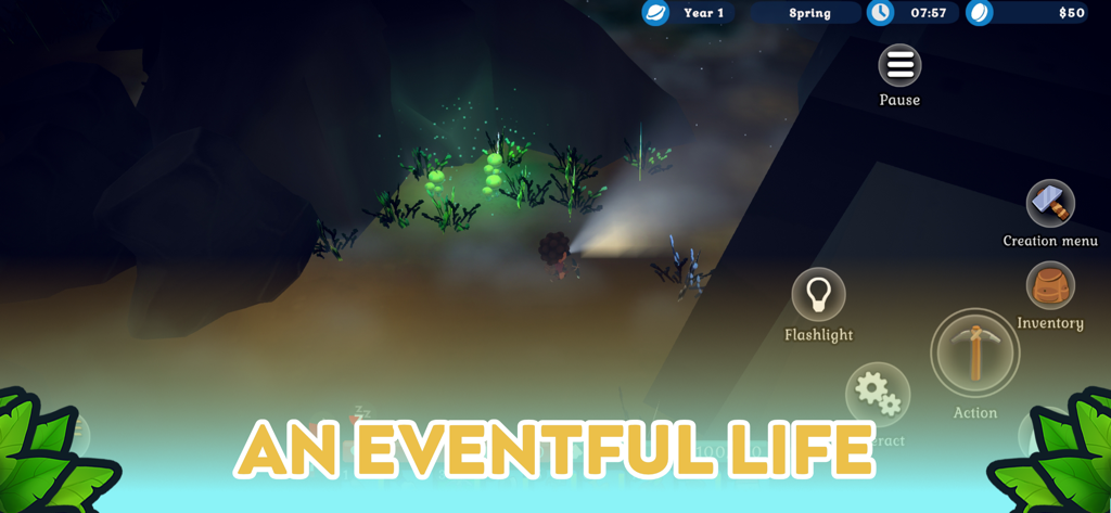 Spirit of the Island - Un personaje explorando un entorno oscuro con una linterna en Spirit of the Island