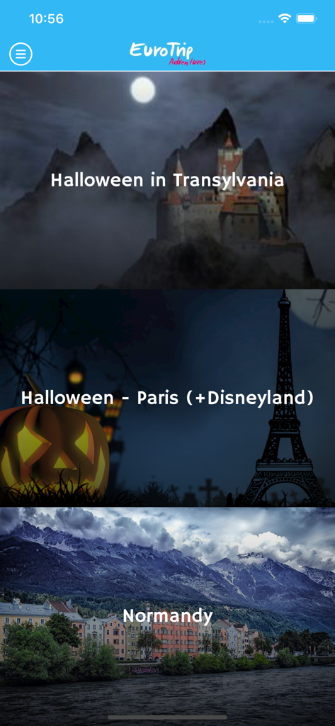 EuroTrip Adventures - Mobile App-Oberfläche von EuroTrip Adventures, die thematische Reisen wie Halloween in Transsilvanien und die Normandie auflistet