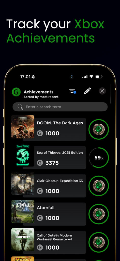 Area X - Trophies, Gaming News - Interface of the Area X app showing tracked Xbox achievements and game completion status
