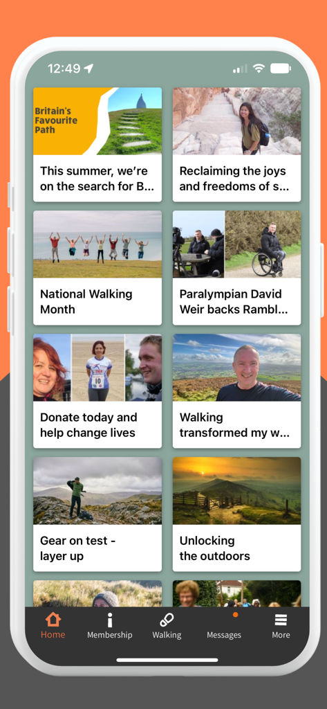 Ramblers - Tableau de bord d'accueil de l'application Ramblers affichant une grille d'articles et de fonctionnalités de marche.