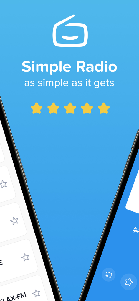 Simple Radio app welcome screen with logo and five star user rating