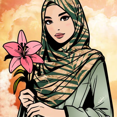 "a malay girl wearing a shawl, holding a white lily flower, standing confidently while facing the camera. vibrant pop colour aesthetic, bold contrast tones, clean sharp details, cinematic light, minimal background, modern editorial portrait, slightly soft feminine mood yet striking composition."
