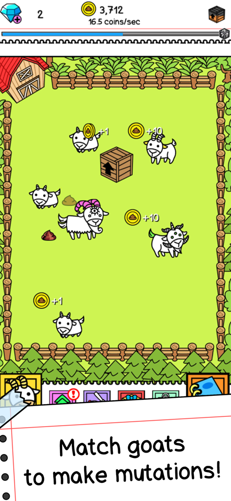 Goat Evolution: Evolve & Merge - Goat Evolution gameplay showing different goat mutations in a field with a prompt to match goats for mutations