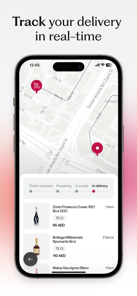 Interface do aplicativo móvel CityDrinks mostrando rastreamento de entrega em tempo real em um mapa com status do pedido