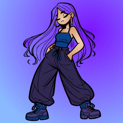 girl in baggy pants crop top and long hair