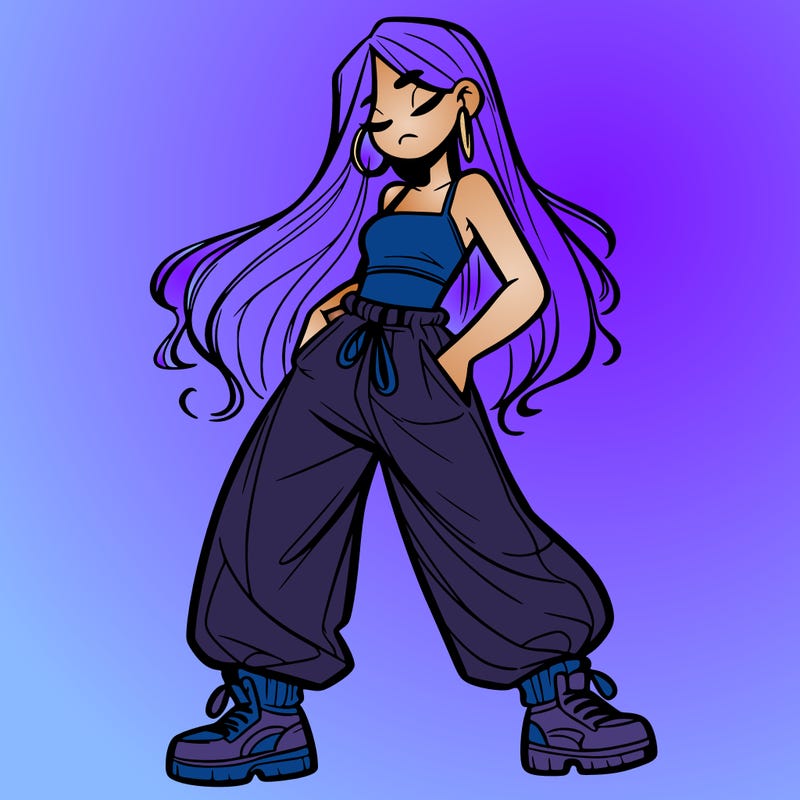 girl in baggy pants crop top and long hair
