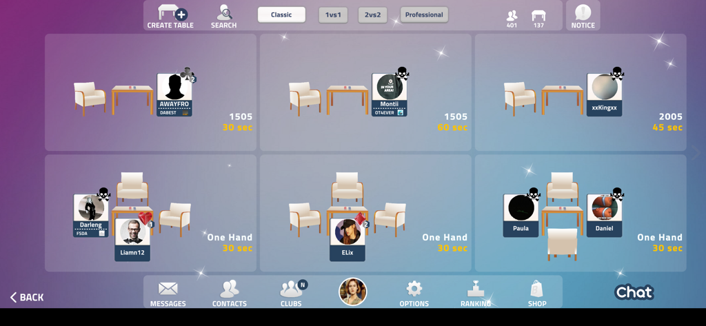 Buraco Plus - Multiplayer lobby in Buraco Plus showing various card game tables for classic and professional rules
