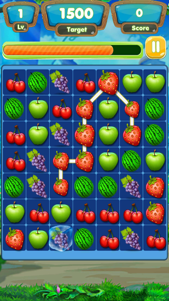 Fruits Legend - A gameplay screenshot of Fruits Legend showing a grid of colorful fruits with a line connecting several strawberries to clear them.