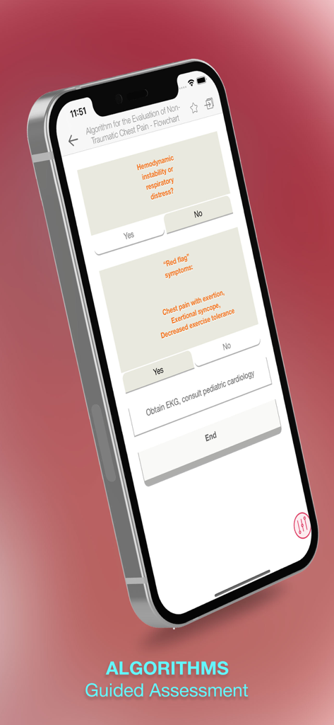 Harriet Lane Handbook app interface showing a pediatric clinical assessment flowchart for chest pain evaluation