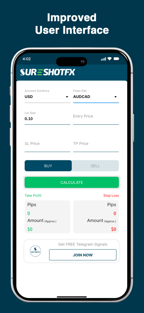 SureShotFX - Pip Calculator - SureShotFX mobile app interface for calculating pips and lot sizes in forex trading