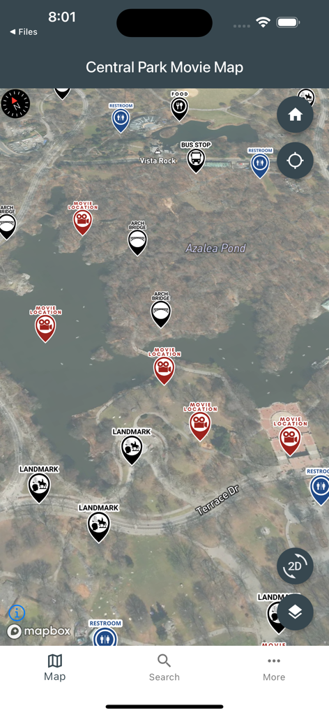 Central Park Movie Map - A satellite map of Central Park showing icons for movie locations, landmarks, and restrooms.