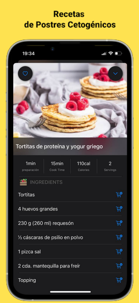 Interfaz de la aplicación Recetas Keto que muestra una receta de tortitas de proteína con ingredientes e información nutricional