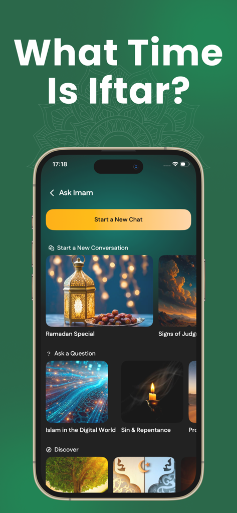 Ramadan Calendar 2026: Safa - Mobile screen of Safa app showing the Ask Imam AI spiritual assistant interface with chat options and religious topics
