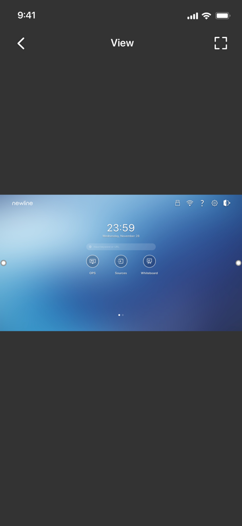 Mobile interface of Newline Cast + showing a remote view of an interactive display screen with access to OPS, sources, and whiteboard.