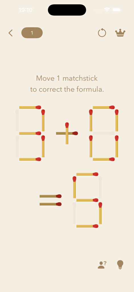 Math Riddles: IQ Test Quiz - A matchstick math puzzle from the Math Riddles app showing a formula that needs to be corrected by moving one stick.