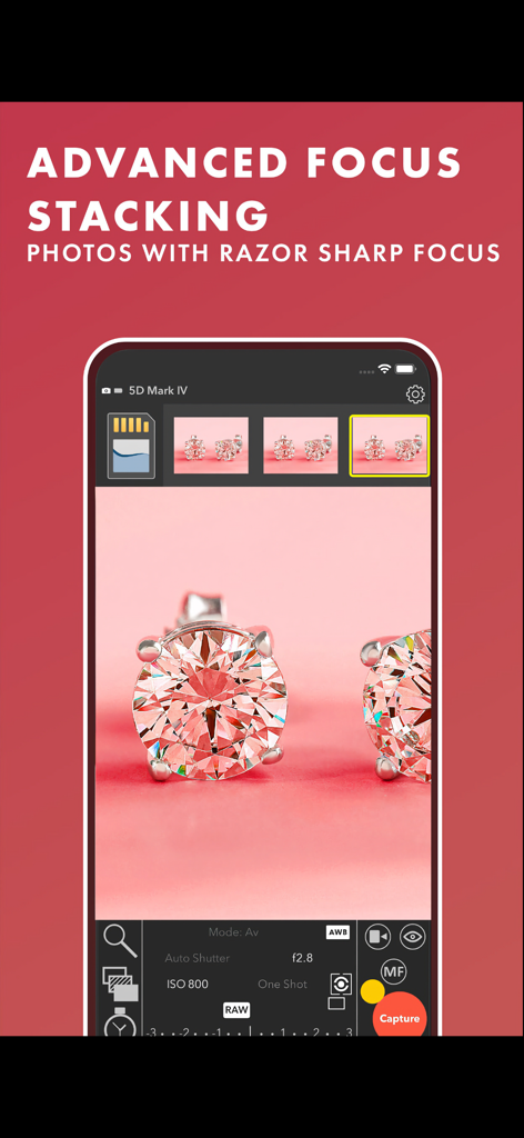 CamRanger 2 - Camera Control - A smartphone showing the CamRanger 2 app interface for advanced focus stacking of a macro diamond earring photo.