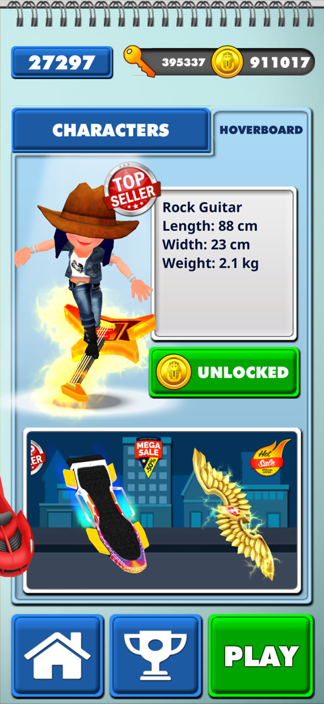 Charakteranpassungsbildschirm in City Kids Running Game, der verschiedene Hoverboard-Optionen und das Rock-Gitarren-Board anzeigt.