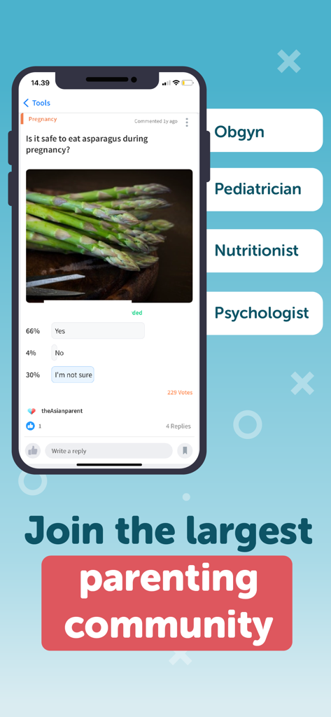 Tela do aplicativo Asianparent mostrando uma enquete comunitária sobre segurança alimentar durante a gravidez com selos de especialistas