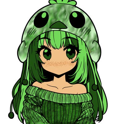 anime girl with chick shaped hat with sweater with bare shoulders with bangs covering them one eye with low tail
