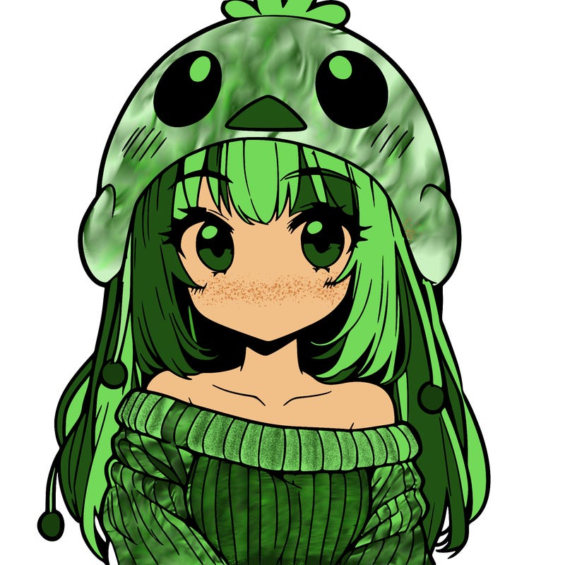 anime girl with chick shaped hat with sweater with bare shoulders with bangs covering them one eye with low tail