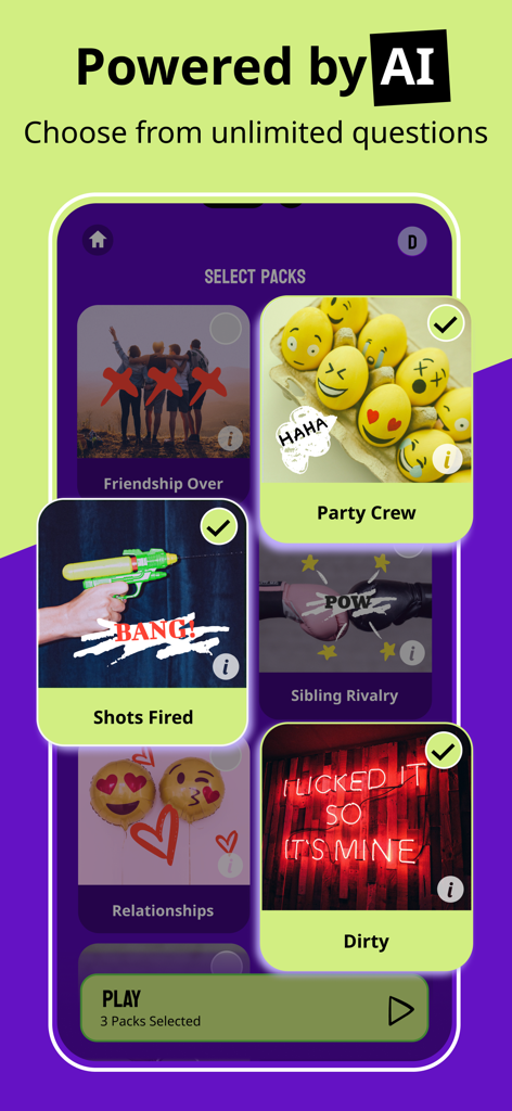 Roasted: Exposed 2 Party Lab - Screen showing various AI-powered question packs in the Roasted party app