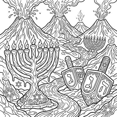 Dive into a uniquely imaginative Hanukkah celebration with this extraordinary coloring page. Watch as molten lava merges with traditional symbols, offering a bold new canvas for your holiday creativity.