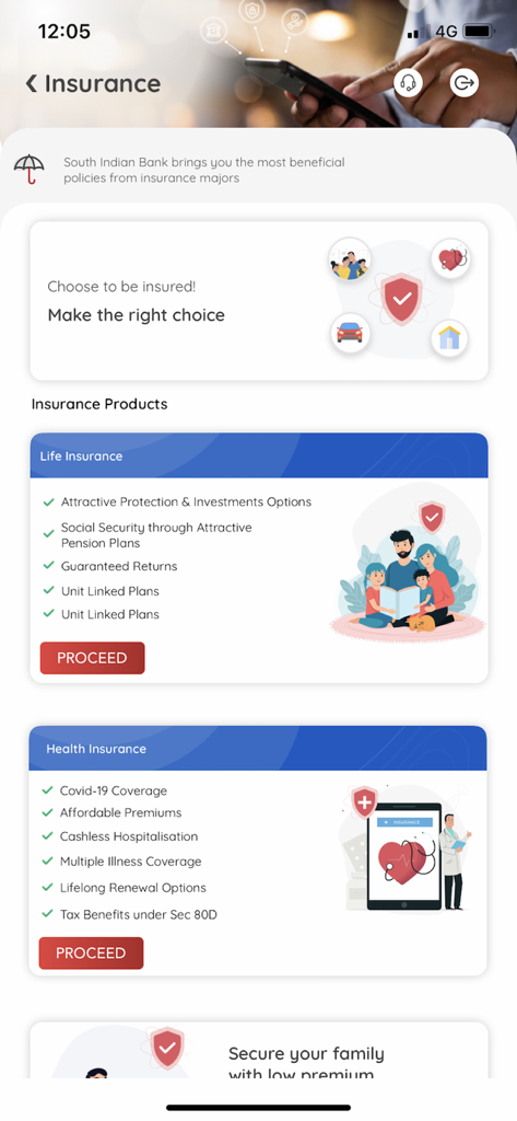 Life and health insurance product selection screen in the SIB Mirror plus mobile banking app