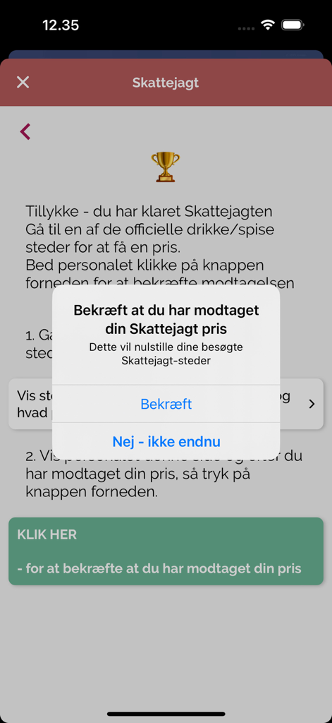 Copenhagen Light Festival app screen showing treasure hunt prize confirmation
