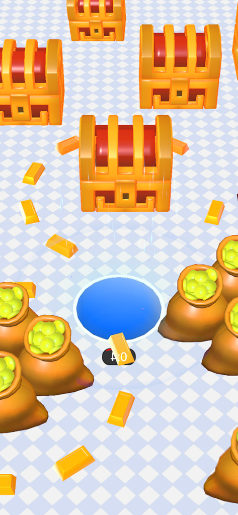 A blue black hole swallowing gold bars and treasure chests in an arcade game