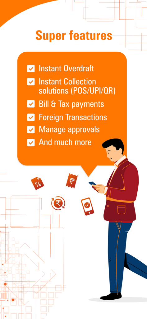 A list of InstaBIZ business banking features including instant overdraft, foreign transactions, and tax payments.