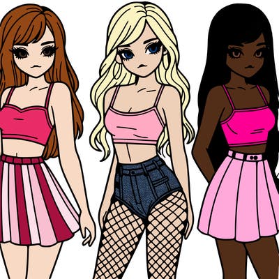 one girl with skirt and crop top another girl with fishnet tights and crop top and short shorts  and another girl with long hair and a skirt and crop top