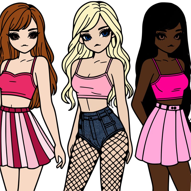 one girl with skirt and crop top another girl with fishnet tights and crop top and short shorts  and another girl with long hair and a skirt and crop top