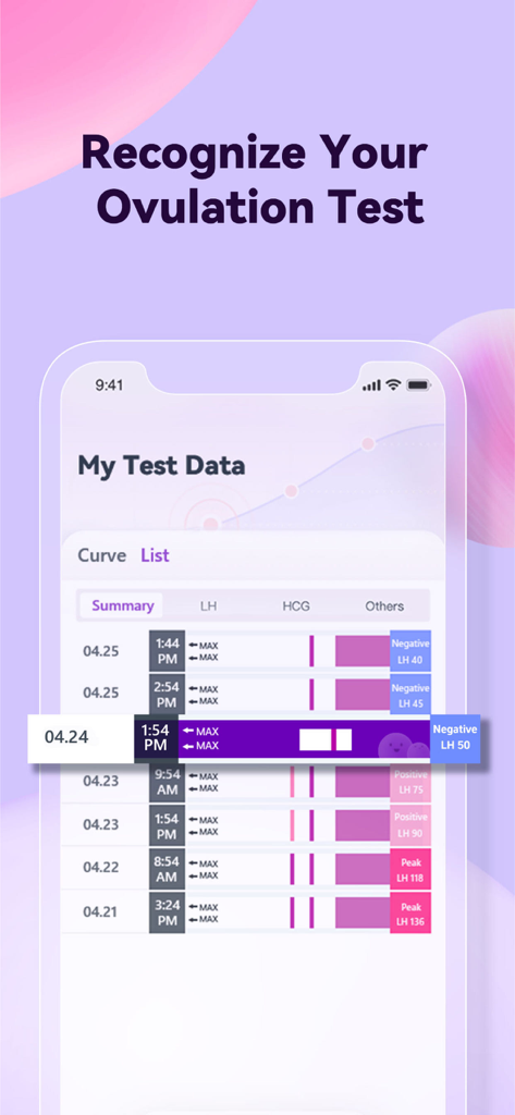 OvaMate - Interfaz de la aplicación OvaMate mostrando una lista de resultados de pruebas de ovulación de LH reconocidos con fechas y niveles de fertilidad