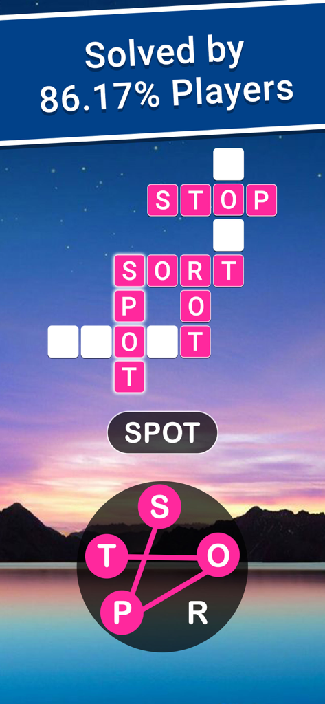 Crossword Jam: Fun Word Search - Crossword Jam mobile word game showing a letter wheel and puzzle grid over a serene lake sunset.