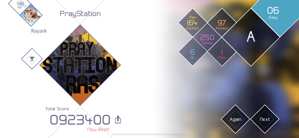 VOEZ - A result screen from the mobile rhythm game VOEZ showing a score of 923400 and an A grade for the song PrayStation.