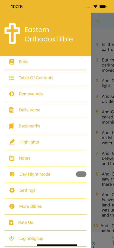 Side navigation menu of the Eastern Orthodox Bible mobile application showing features like daily verse and bookmarks