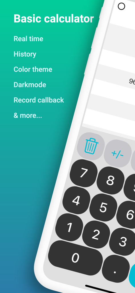 Easy Calculator with History - Interfaz de la aplicación Calculadora Fácil que muestra características, incluyendo historial, resultados en tiempo real y modo oscuro