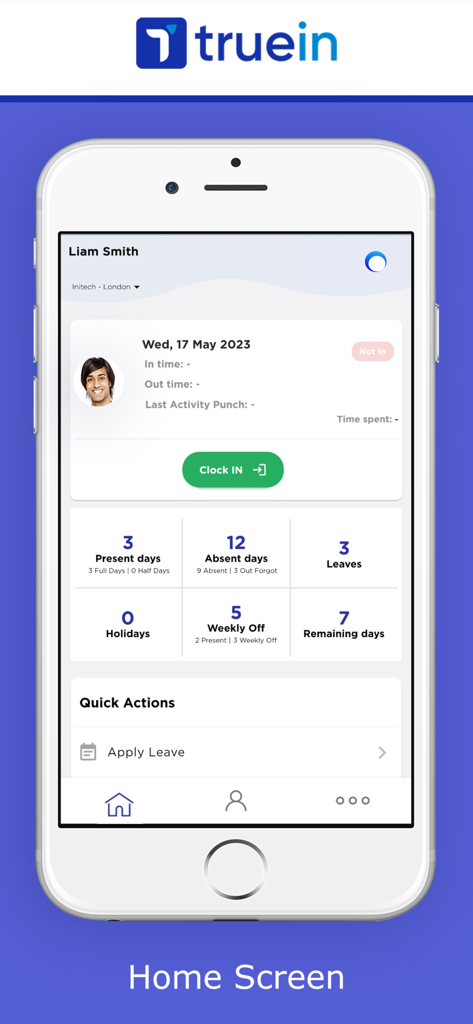 Truein User mobile app home screen showing employee attendance dashboard and clock in button