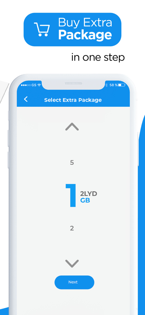 MyLTT - Pantalla de la aplicación MyLTT para seleccionar y comprar un paquete de datos adicional