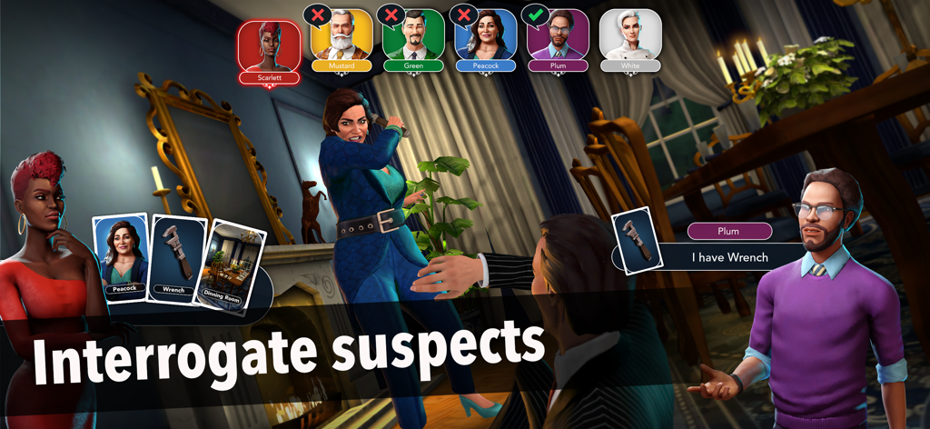 Clue - A gameplay screenshot of the Clue mobile game showing characters like Professor Plum and Miss Scarlett during a suspect interrogation in a 3D mansion.