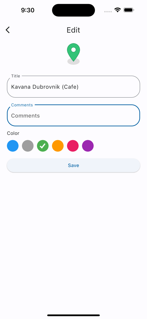 Interfaccia per modificare una posizione preferita salvata nell'app Mappa della Croazia con campi per titolo, commenti e selezione del colore.