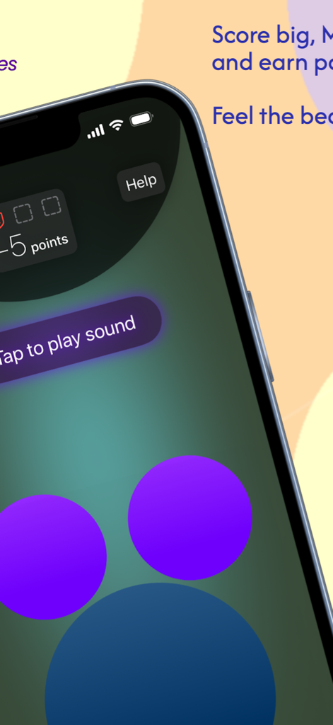 Interface de jogo do Echo musical puzzles mostrando um jogo de ritmo com círculos roxos e prompts de feedback tátil