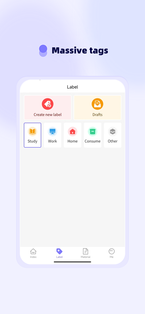 Funny Print - Label maker interface in Funny Print app showing categories for study, work, and home organization.