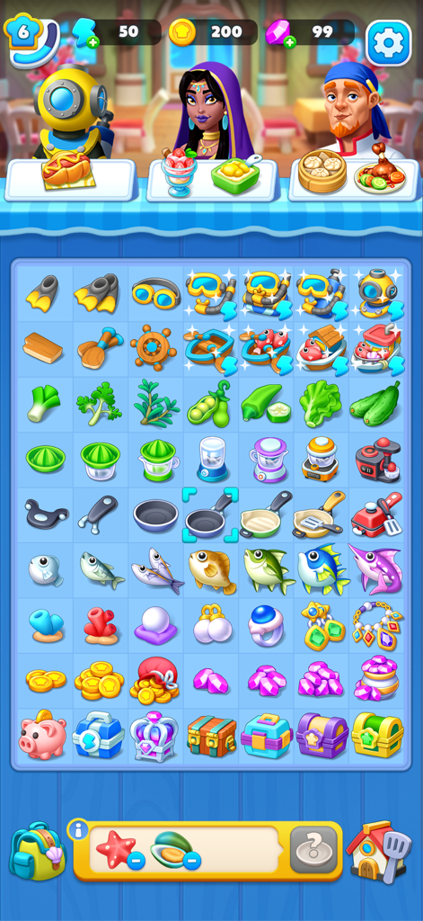 Merge Ocean - Cooking & Decor - Gameplay board of Merge Ocean showing mergeable ocean items and customer food orders