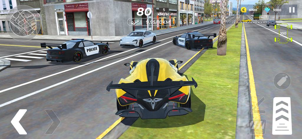 A yellow supercar being chased by black and white police cars in a city street
